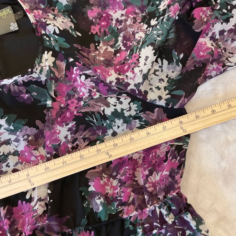 Taylor Floral Maxi Dress Purple Black Flutter Sleeve Smocked Waist Size 12 NEW - Picture 12 of 14